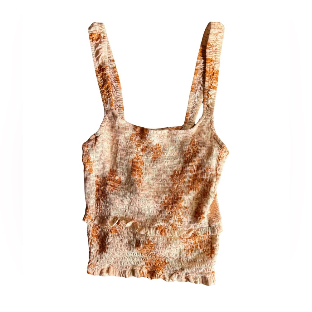 Intimately Free People Smocked Ruffle Cropped Tank, Orange and White, Size M